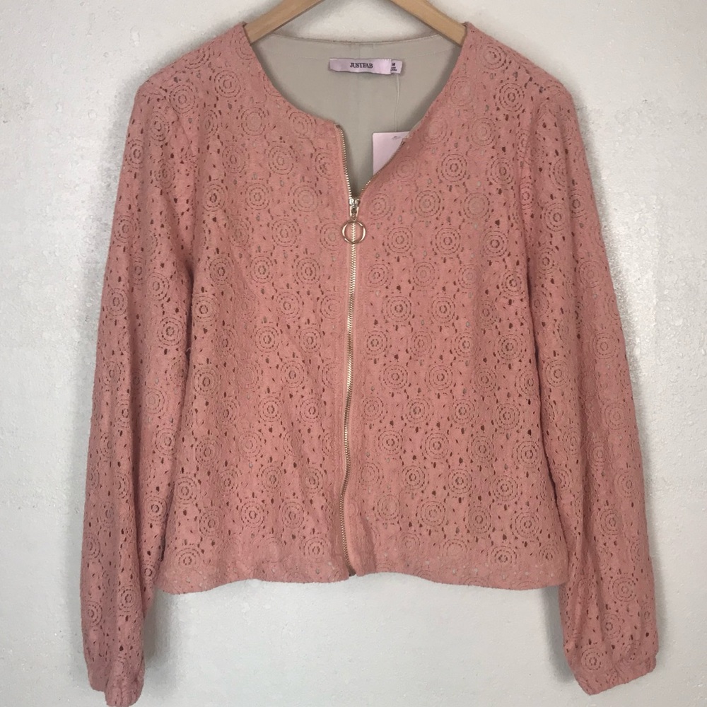 Just Fab Nude Blush Lace Jacket Zip Up Bomber
